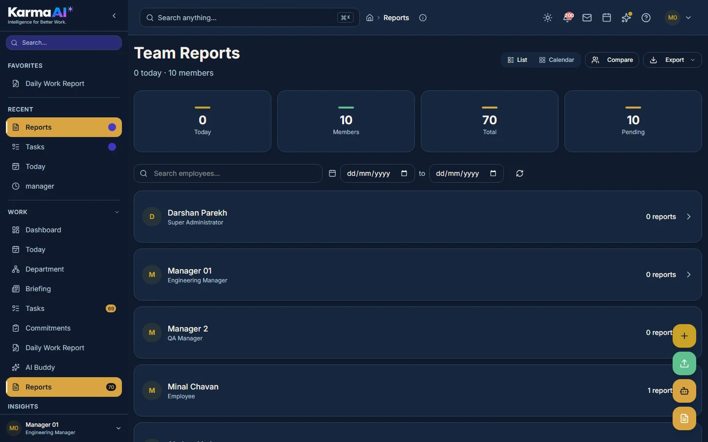 Karma AI reports screen showing structured daily work reports and status